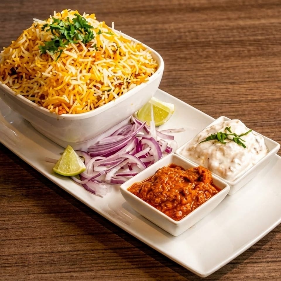 Chicken biryani with cilantro, red onions, lime, and two sauces on a white plate.