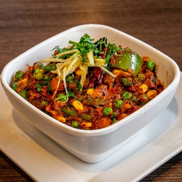A white square bowl of colorful Indian curry with peas, corn, peppers, and ginger on a white plate.