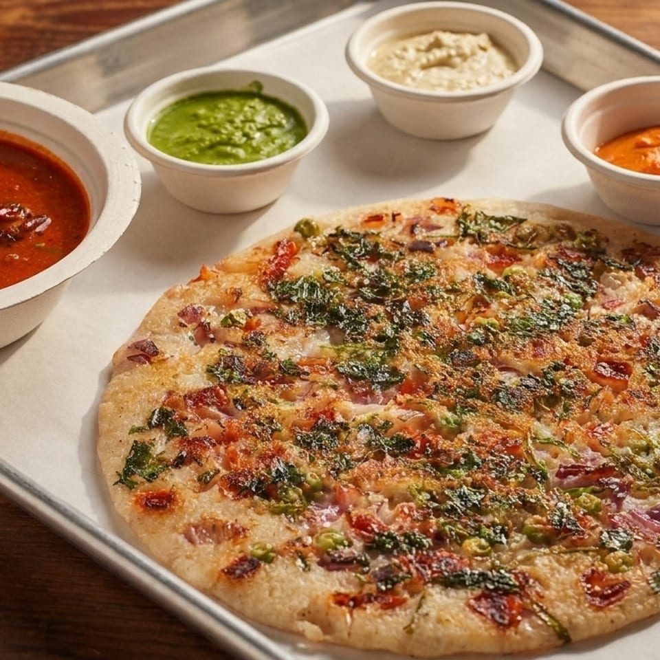 Uthappam with red, green, and white chutneys, and a bowl of sambar on a metal tray.