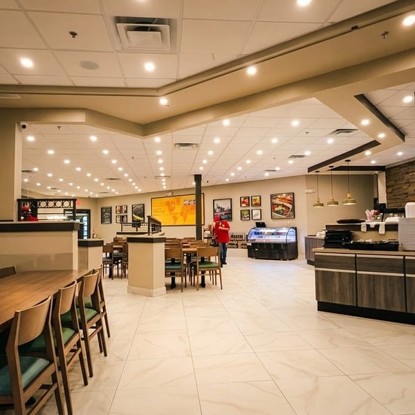 Spacious, brightly lit restaurant interior with dining tables, a serving counter, and a person in red.