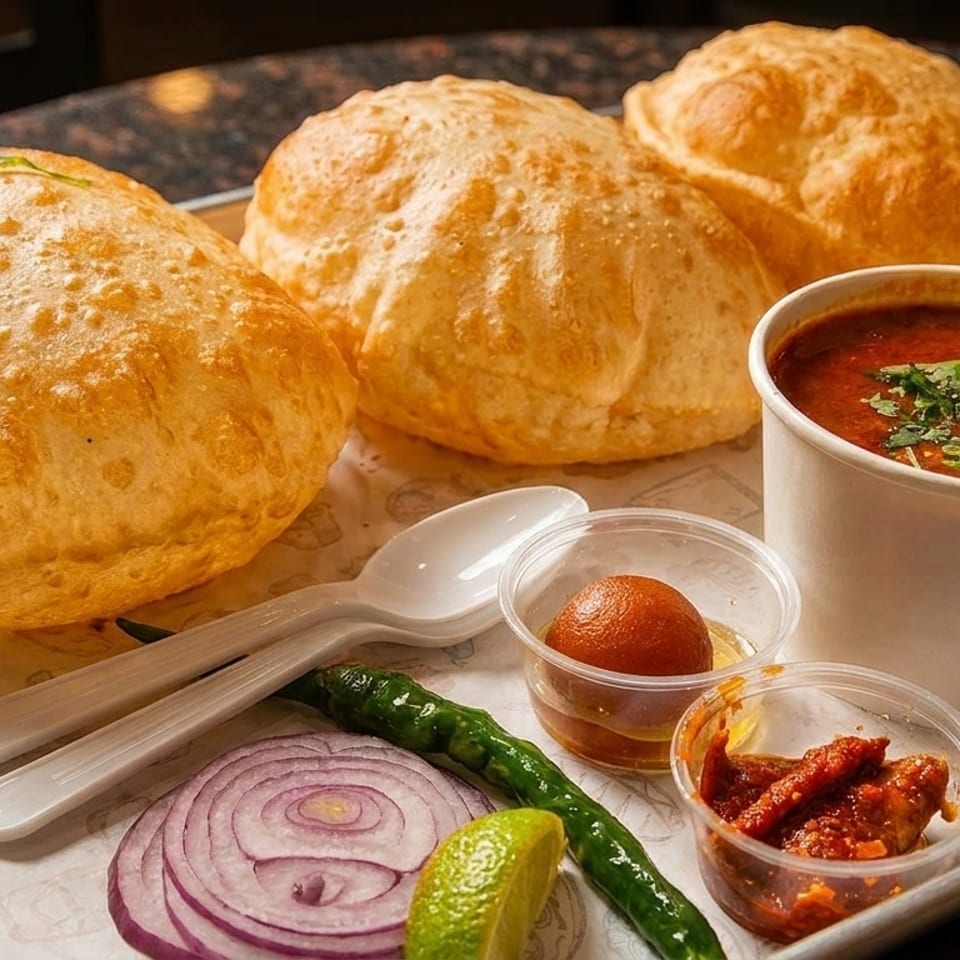 Three golden-brown puri breads, a cup of chole, and sides of onion, chili, lime, and dessert.