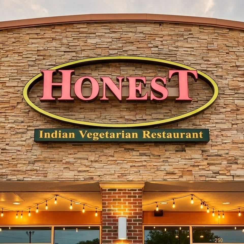 Exterior of Honest Indian Vegetarian Restaurant with a stone facade and string lights.