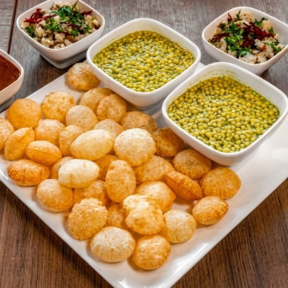 A plate of golden pani puri shells with bowls of green pani, tamarind chutney, and potato filling.