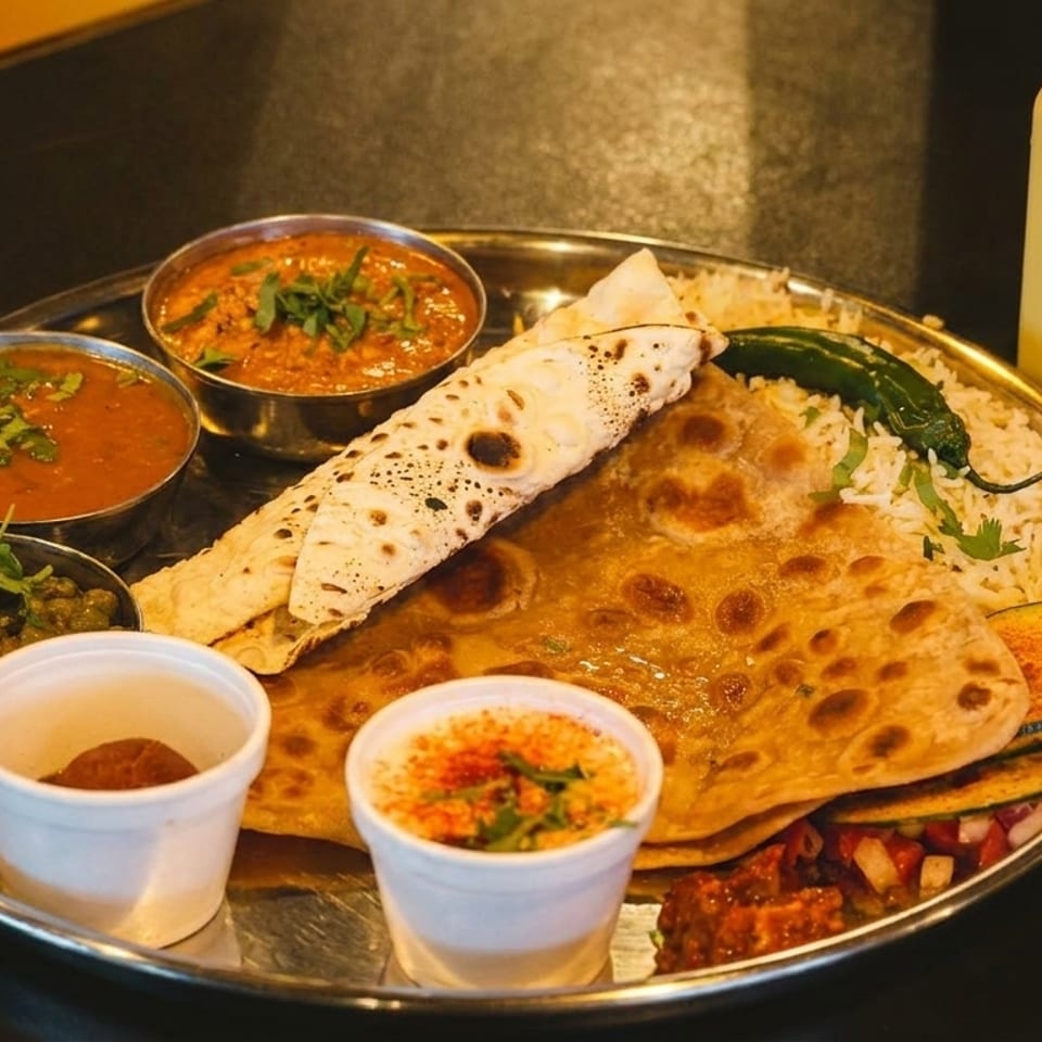A thali platter with various Indian dishes, including curries, flatbreads, rice, and a drink.