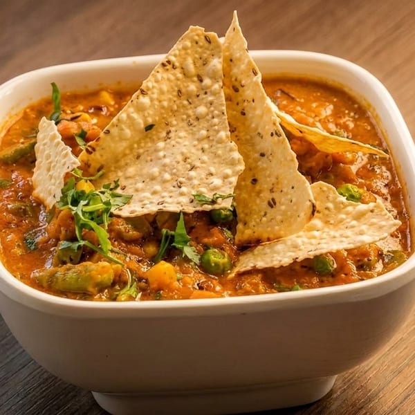 A white bowl filled with a vibrant orange curry, garnished with crispy papadum and fresh herbs.