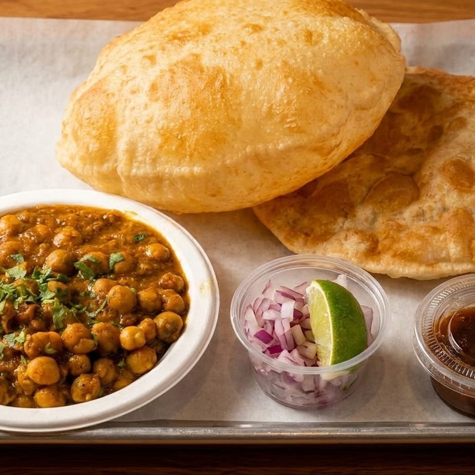 Chana masala with cilantro, two puri breads, diced red onions, lime, and chutney on a tray.