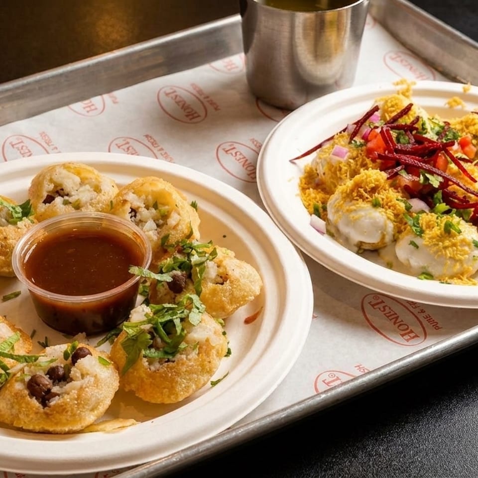 Two plates of Indian street food, pani puri and dahi puri, on a metal tray with Honest branding.
