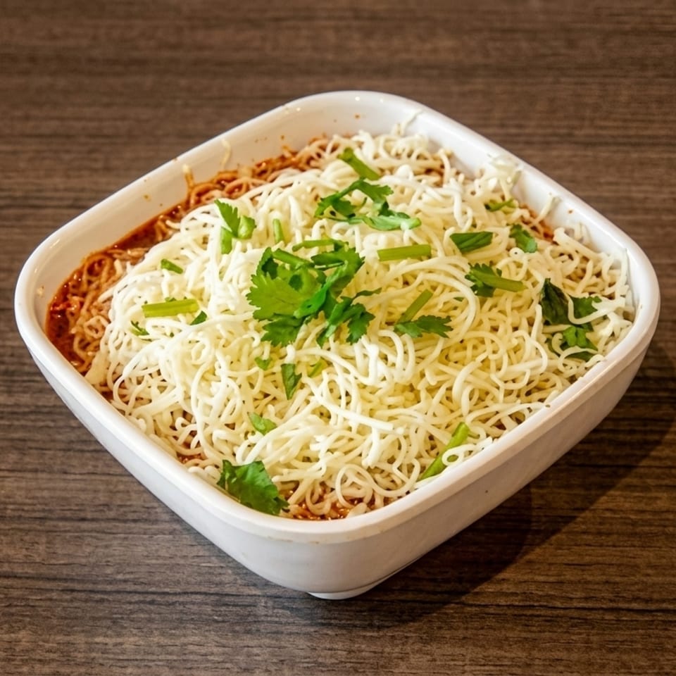 A square white bowl of noodles with red sauce, topped with shredded cheese and cilantro.